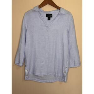 Tahari 100% Linen Top Women's Medium Blue 3/4 Sleeve Tunic Collared Pullover
